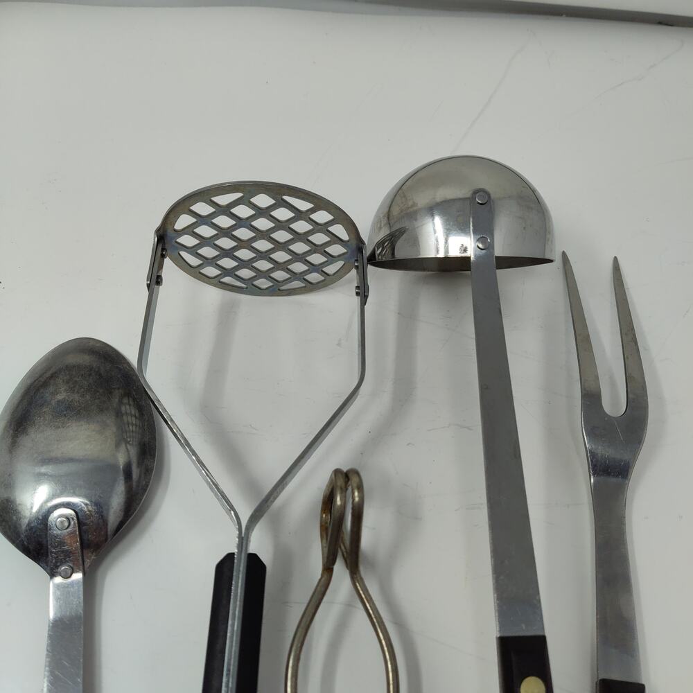 4X Ekco Flint Arrowhead Utensil Set + Vanadium Fork Spoon Mash Black Handle Vtg - Picture 7 of 8